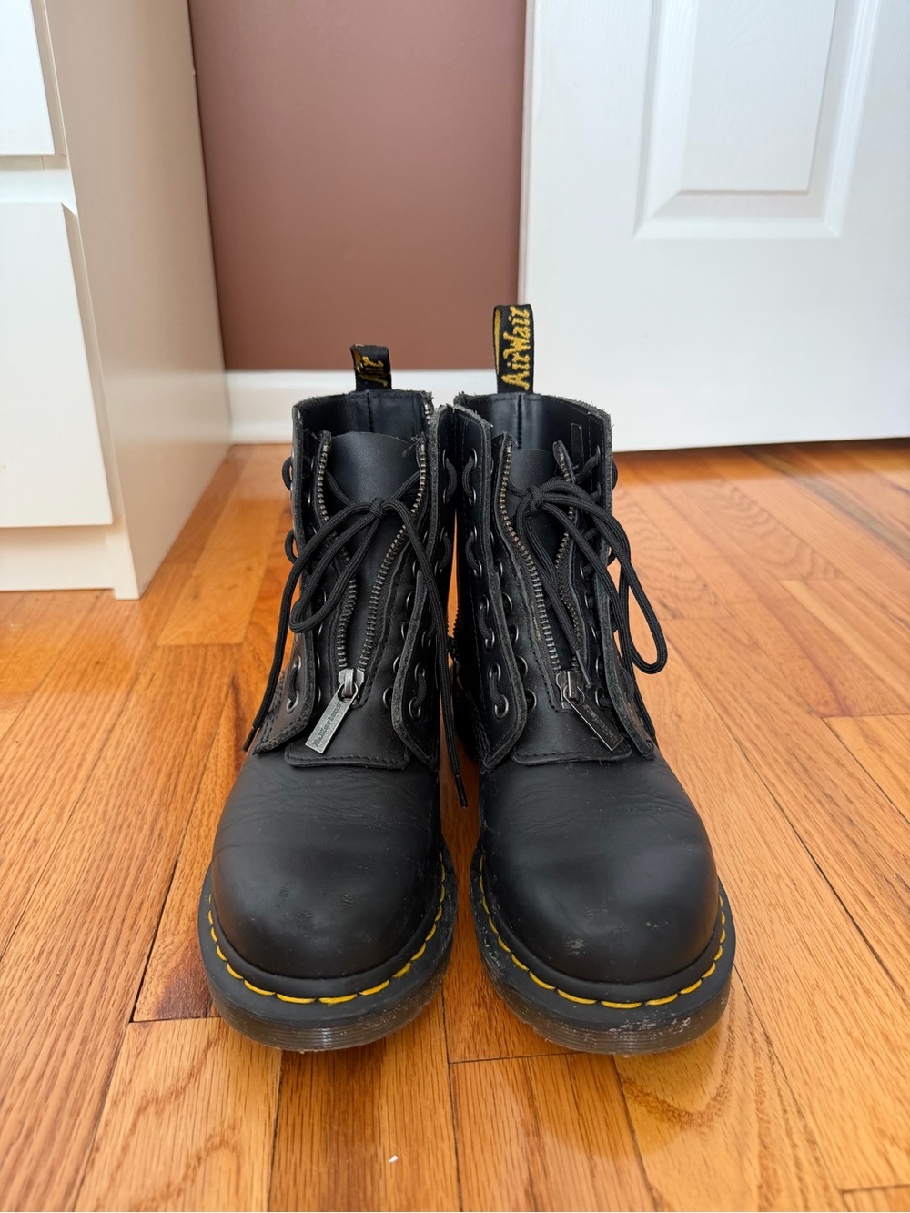 Dr. Martens Black Leather Lace-Up Boots with Yellow Stitching